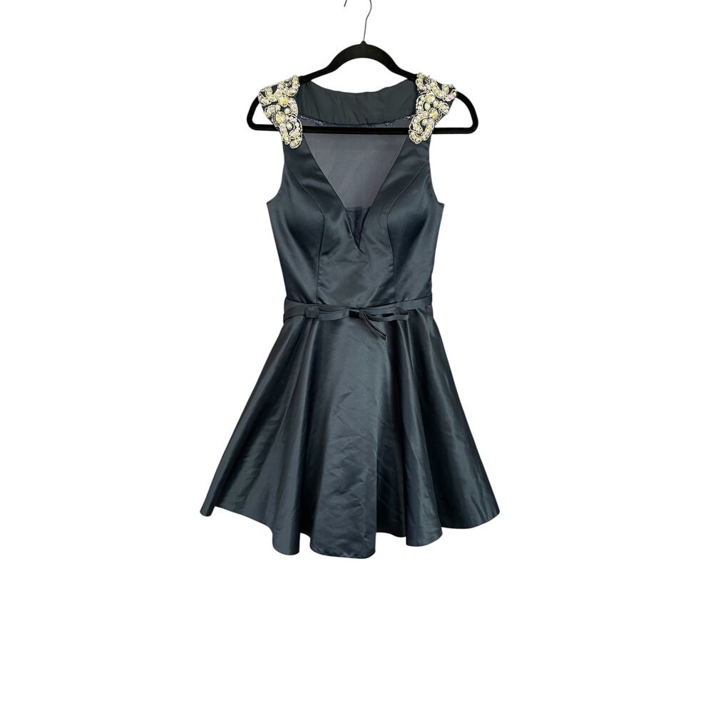 Rachel Allan Princess Rhinestone & Navy Blue Open Mesh Back Dress SZ 8 Glam Prom
